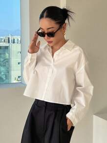 DAZY Solid Drop Shoulder Shirt,Fall Women Clothes Long Sleeve Top - White - View 4