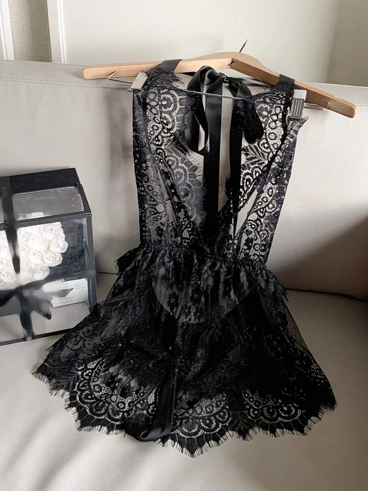 Sheer Lace Halter Backless Bodysuit, Sexy And Fitted Lingerie For Women