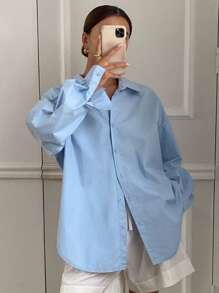 Livesso Blusa suelta de unicolor con cuello vuelto, espalda descubierta y lazo, de manga larga, para mujer, ropa de otoño - Azul - Ver 10