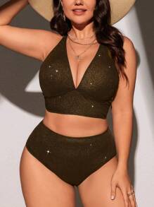 Swim Lushoire Plus Size Summer Beach Sparkling Swimwear Set - Black - View 5