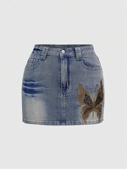 Hippie Style Vintage Floral Lace Embroidered Butterfly Pocket Drawstring Denim Skirt