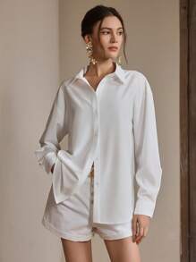 Anewsta 女士休闲宽松白色城堡刺绣超大长袖翻领衬衫上衣，春夏款 - 白色 - 查看 3