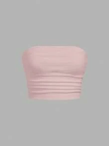 SHEIN EZwear Áo Bandeau dệt kim họa tiết màu trắng dành cho nữ - Hồng - Xem 1