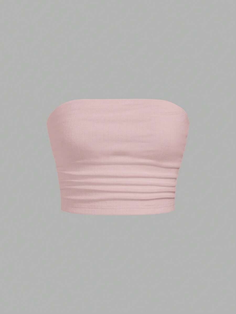 SHEIN EZwear Áo Bandeau dệt kim họa tiết màu trắng dành cho nữ - Hồng - Xem 1