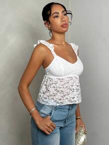 Glamine Women's Romantic Vacation Camisole With Cap Sleeves, Back Strap And Ruffled Lace Trim,White Top,Crop Tops,Summer Tops - White - View 5