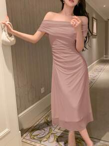 DAZY 露肩纯色褶饰侧网眼覆盖返校节礼服舞会礼服优雅太阳裙婚礼女士连衣裙