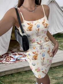 INAWLY Solva Women's Fitted Sleeveless Easter Rabbit Print Short Dress - Multicolor - View 5