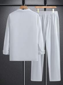 Manfinity Homme 2pcs Men's Uniform Outfit - Long Sleeve Pocket Solid Shirt & Elastic Waist Pants, Suitable For Medical/Healthcare - White - View 2