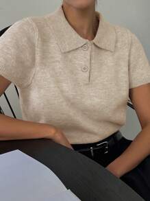 DAZY Solid Color Fitted Short Sleeve POLO Collar Casual Knit Top For Women, Spring/Summer,Back To School Clothes