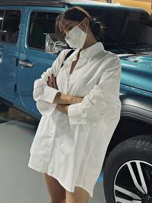 DAZY 女士纯色长袖衬衫，商务休闲风格 - 白色 - 查看 6