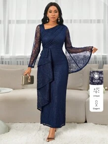 SHEIN Lady Four Season Wedding Guest Dress Elegant Lace Asymmetrical Neckline Bell Sleeves Ruffled Trim Slim Fit Women's Dress - Navy Blue - View 6