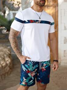 ResortEase Conjunto de camiseta y pantalones cortos de talla grande para hombres con estampado tropical de patchwork