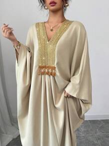 Elenzga Oversized Sleeve Linen Dress With Metallic Collar - Apricot - View 5