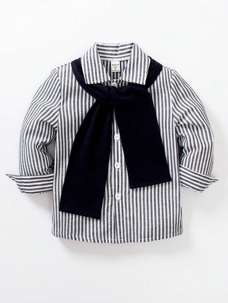 SHEIN مجموعة بلوزة كاجوال كم طويل مخطط باللون الأبيض والأزرق مع وشاح محبوك أزرق لللأولاد ، مناسبة للخريف والربيع، ملابس كاجوال
