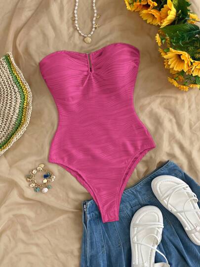 Soleia Vacation Beach White Textured Fabric With Metal Decor Bandeau One-Piece Swimsuit