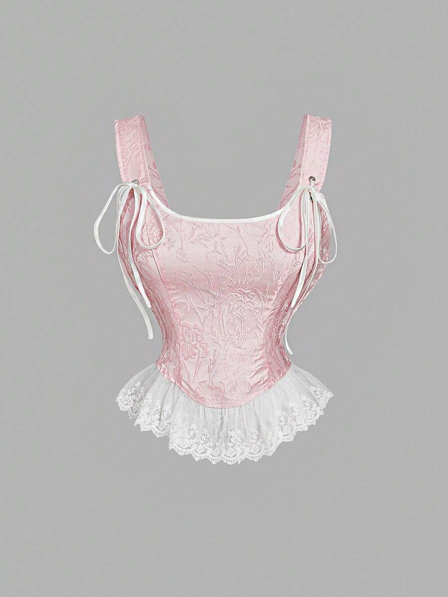 SHEIN MOD 粉色复古浪漫蕾丝边吊带背心 - 粉色 - 查看 1