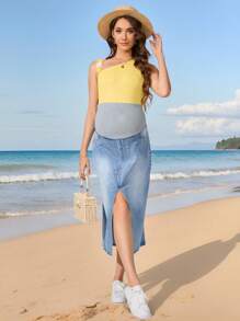 SHEIN Pregnant Women Solid Color Patchwork Pocket Simplex Casual Denim A-Line Skirt - Light Wash - View 6