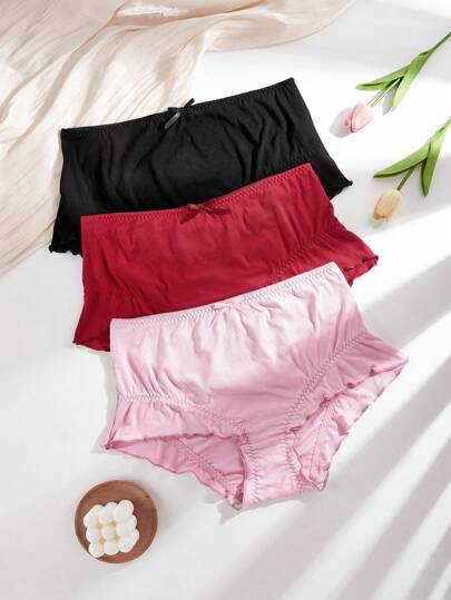 3 件装加大码纯色蝴蝶结装饰荷叶边内衣套装