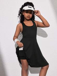 SHEIN Tween Girl Spring And Summer Casual Sports Basic Back Hollow U-Neck Slim Fit Cell Phone Pocket Dress With Safety Pants Pocket Black Sportswear Yoga Wear - Black - View 4