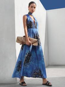 Aveloria Modichic 波西米亚风优雅度假优雅浪漫扎染花朵性感深 V 腰系带无袖连衣裙