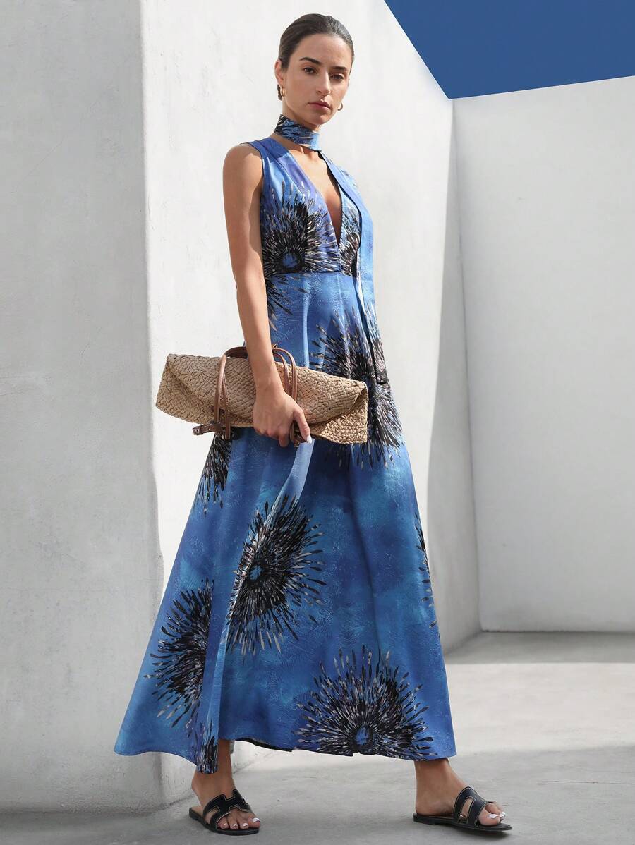 Aveloria Modichic 波西米亚风优雅度假优雅浪漫扎染花朵性感深 V 腰系带无袖连衣裙