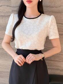 DAZY 拼色宽松短袖圆领系带女式衬衫，夏季短袖上衣，短款上衣，女式学院风上衣 - 白色 - 查看 6