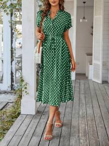 Breezaya Polka Dot Drawstring Button Front Dress Maxi Vacation Beach Outfits Women - Army Green - View 7