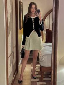 SHEIN Unity 法式优雅高腰褶皱 A 字型女式迷你裙，秋冬款 - 卡其色 - 查看 5