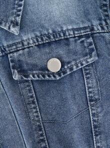 Tween Girls Blue Washed Denim Casual Fitted Short Sleeve Dress, Front Center Placket Button Decor A-Line Mid-Length Dress, Simple And Fashionable Versatile Design For Daily Wear - Medium Wash - View 5