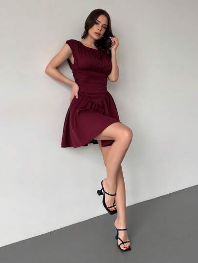 Firerie New Elegant Versatile Ankla Red Ruffled Hem Dress For Women