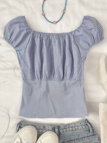 SHEIN Teen Girl Plaid Round Neck Loose Casual Short Sleeve Blouse