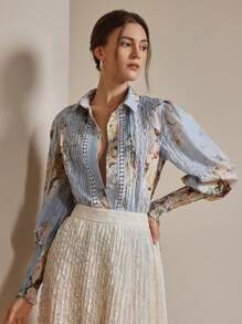 Anewsta 女士浪漫优雅蓝色荷叶边编织纽扣长袖衬衫，办公室/休闲春夏装 - 藍色 - 查看 6