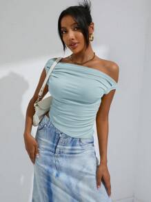 EMERY ROSE Top corto con cuello asimétrico y fruncido en los lados - Celeste - Ver 5