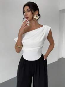 Firerie Women's Elegant Minimalist Stylish Romantic Music Festival Sexy Asymmetrical Neck Asymmetrical Drapery Backless Bodysuits, White - White - View 4