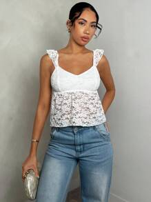 Glamine Women's Romantic Vacation Camisole With Cap Sleeves, Back Strap And Ruffled Lace Trim,White Top,Crop Tops,Summer Tops - White - View 2