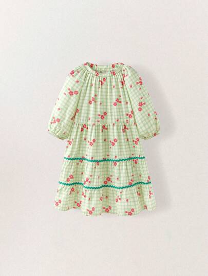 THE HAPPY LOOK Young Girls' Yellow Plaid Woven Off Shoulder Puff Sleeve A-Line Wavy Ribbon Loose Dress, Resort Style, Spring