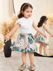 SHEIN Leap Crew Baby Girl Floral Print Ruffle Hem Top & Skirt 2pcs Sets, Summer