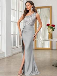 SHEIN Belle Vestido de verano de mujer con cuello asimétrico gris, escote diagonal, parches de lentejuelas, cintura alta con pliegues laterales y abertura, elegante, para cena, baile de graduación, fiesta, cita nocturna, vestidos para mujer - Gris Claro - Ver 4