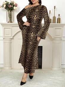 Modelyn Plus Size Fashionable Leopard Print Asymmetric Neck Flare Sleeve Dress - Multicolor - View 1