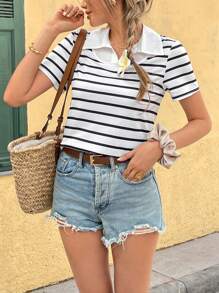 Chiquease Casual Stripe Collar Short Sleeve Loose Fit T-Shirt, Spring/Summer - Multicolor - View 6