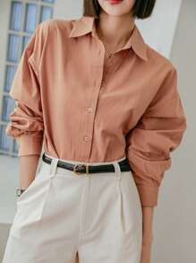 Dazy-Less Women's Solid Color Long Sleeve Casual Business Shirt,Fall Women Clothes - Coral Orange - View 8