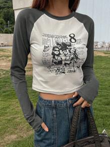 DAZY 图案与标语插肩袖短款T恤 人生的意义在于拥有自己的目标并去追求它，只要你坚定目标并不断努力，你就会实现它 长袖女式上衣 - 灰色 - 查看 4