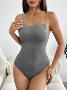 Muchica Summer Casual Minimalist Spaghetti Strap Ruffle Bodysuit - Dark Grey - View 6