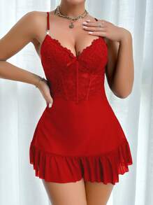 Slumberist 2pcs Set Fish Bone Cinched Waist Lace Camisole Nightgown Babydoll And Ruffled Wide Sleeve Mesh Robe Bridallingerie - Red - View 3