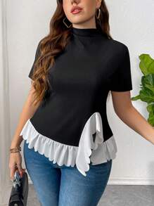 SHEIN Privé Plus Size Women Spring Summer Casual Elegant Commute Office Career Knowledgeable Color Block Ruffle Collar Stretchy T-Shirt