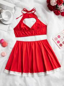 Set Atasan dan Rok Model Halter Neck Warna Polos untuk Remaja Perempuan (2 Potongan: Atasan dan Rok) - Merah - View 2