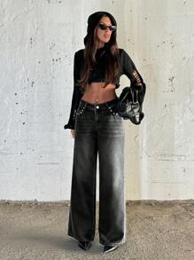 EURMUSE WOMEN WIDE LEG LOW WAIST JEANS - Light Grey - View 4