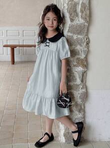 DAZY Gaun Lengan Pendek Tenun Motif Wajah Boneka Blok Warna untuk Anak Perempuan Remaja, Musim Panas, Pakaian Kembali ke Sekolah - Baby Blue - View 4