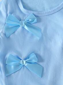 2pcs/Set Girls Summer Casual Outfit, Includes Cute Bowknot Solid Color T-Shirt And Lightweight Comfy Denim Pants, Fashionable Young Girl Suit - Blue - View 4