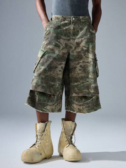 NEON BLANC Pantalones escolares de 3/4 de hombre con bolsillo de estilo callejero de moda, de pierna ancha, de mezclilla y camuflaje bordado